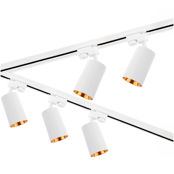 3m Stromschiene Weiß + 5x Schienenstrahler GU10 Weiß-Gold SAGI + L-Verbinder LUMILED