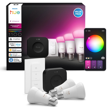 3x LED-Glühbirne E27 A60 8.1W = 75W 1100lm CCT + RGB SMART Smart Bluetooth ZigBee Weiß und Farbe Ambiance + Bridge PRO Bridge + Philips HUE Remote Controller