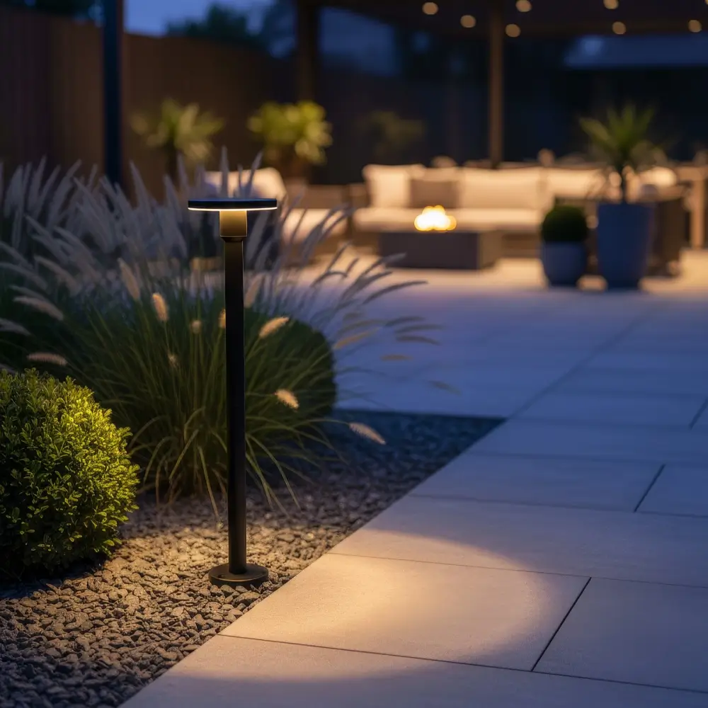 Moderne LED-Pollerleuchte CORTUS an der Einfahrt