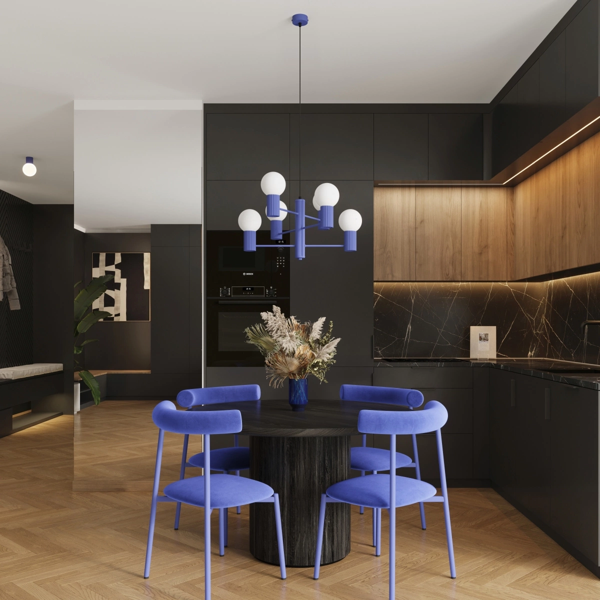 Ultramarinblaue HALO Sollux Pendelleuchte – gerillter Aluminiumkorpus 6xG9