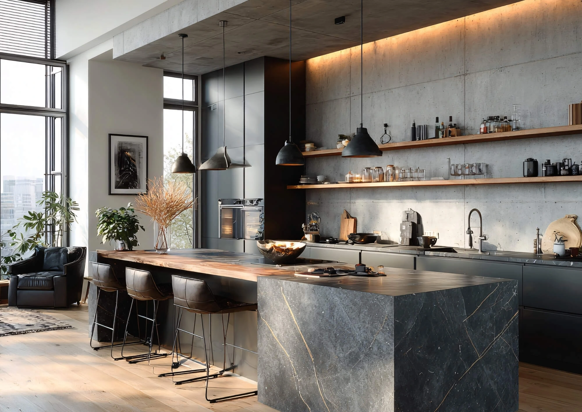 Moderne Küche mit Kochinsel und Pendelleuchten
