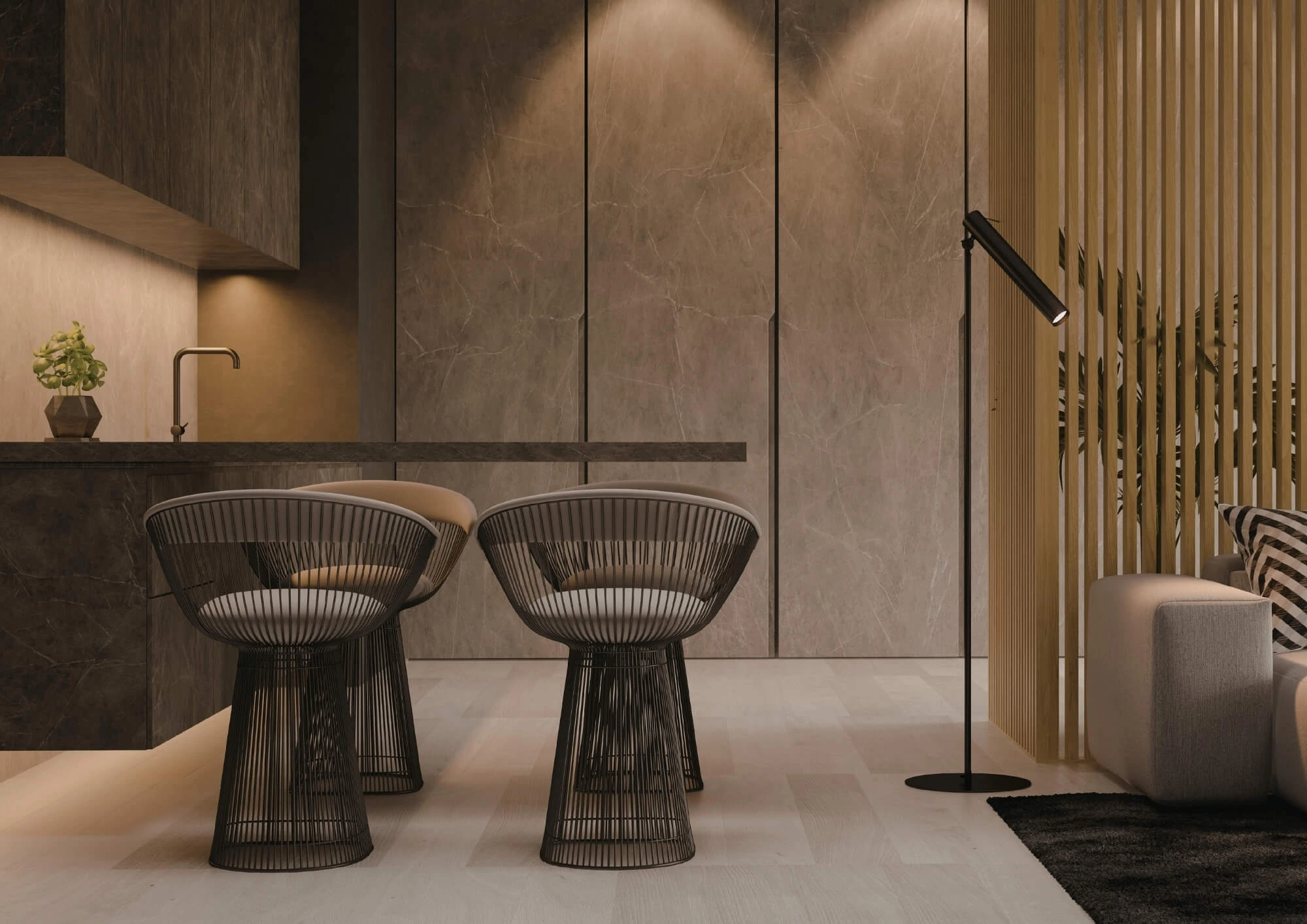 Wohninterieur mit stimmungsvoller seitlicher Beleuchtung