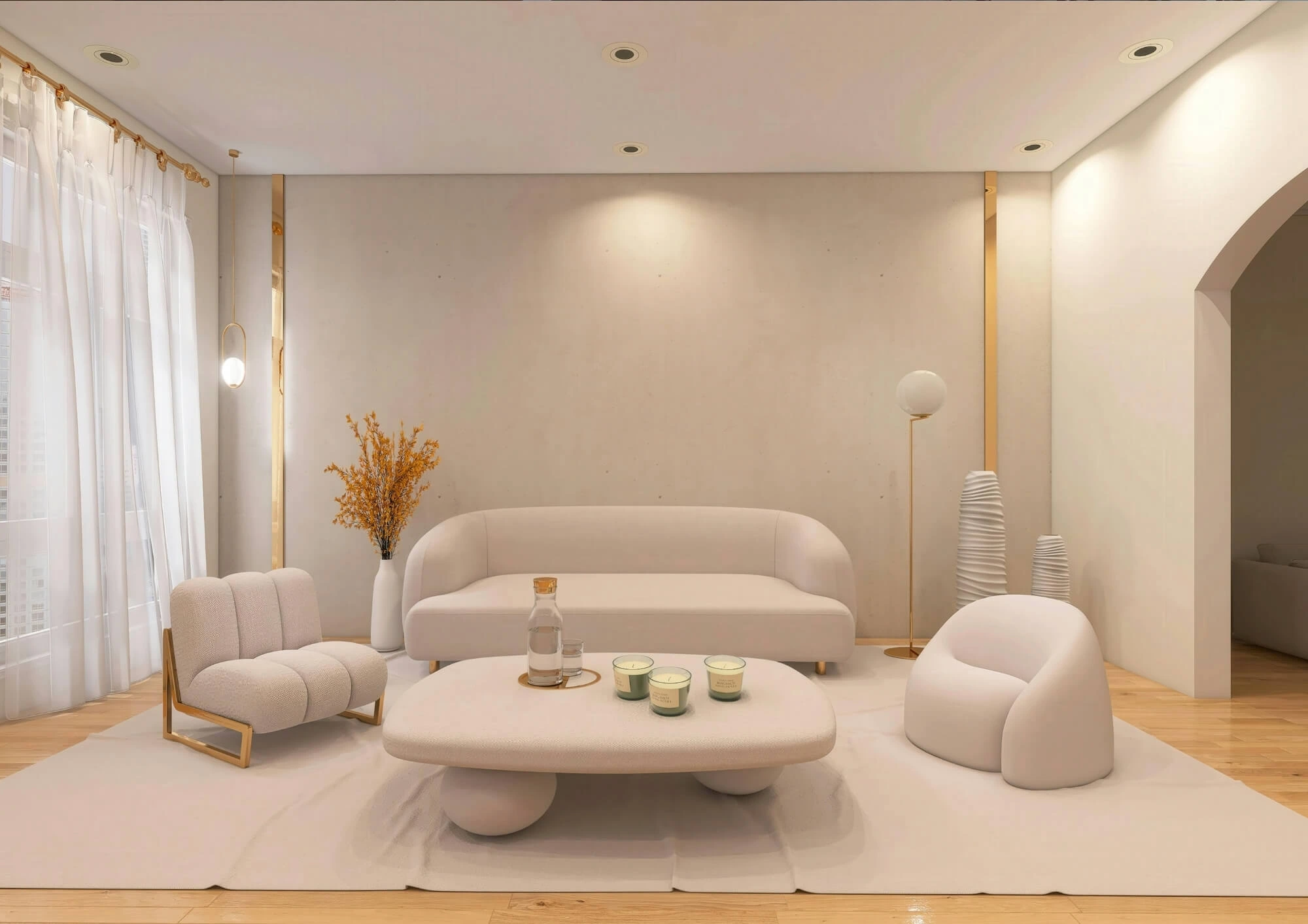 Wohnzimmer mit weicher Deckenbeleuchtung und heller Einrichtung