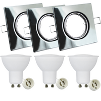 Set aus 3x beweglicher Halogenlampe GOLDLUX (Polux), quadratisch, Chrom + GU10 3,5W LED Lampen
