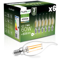 6x LED Lampen E14, Glühbirne Flame B35 7W = 60W 770lm 360° 4000K neutral Glühfaden LUMILED