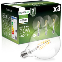3x LED-Lampe E27 Sphere G125 7W = 60W 806lm 4000K Neutral 360° FILAMENT LUMILED