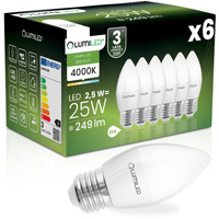 6x LED Lampen E27, Glühbirne B35 2.5W = 25W 249lm 180° 4000K natural LUMILED