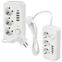 KOBI LINEA PRO Verlängerungskabel 3x230V 1,5m Masse, Schalter und 5xUSB Weiß