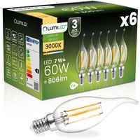 6x LED-Lampe E14 Kerze BA35 7W = 60W 806lm 3000K Warm 360° FILAMENT LUMILED
