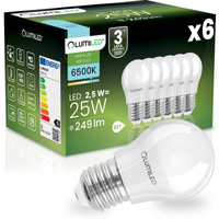 6x LED Lampen E27, Glühbirne P40 2.5W = 25W 249lm 6500K kalt LUMILED