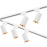 3m Stromschiene Weiß + 5x Schienenstrahler GU10 Weiß-Gold SAGI + L-Verbinder LUMILED