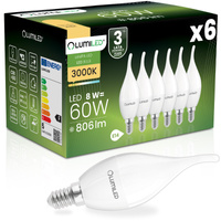 6x LED Lampen E14, Glühbirne BA35 8W = 60W 806lm 180° 3000K warm LUMILED