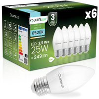 6x LED Lampen E27, Glühbirne B35 2.5W = 25W 249lm 180° 6500K kalt LUMILED