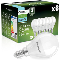 6x LED Lampen E14, Glühbirne P40 2.5W = 25W 249lm 180° 6500K kalt LUMILED