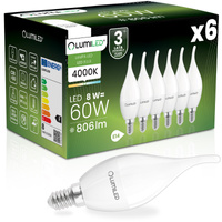6x LED Lampen E14, Glühbirne BA35 8W = 60W 806lm 180° 4000K neutral LUMILED