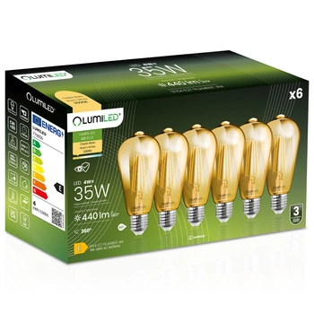 6x LED-Lampe E27 Edison ST64 4W = 35W 440lm 2000K Warm 360° FILAMENT LUMILED