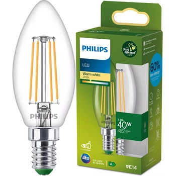 LED-Glühbirne E14 Kerze B35 2.3W = 40W 485lm 210lm/W 2700K Warm 300° CLASS A UltraEfficient Philips