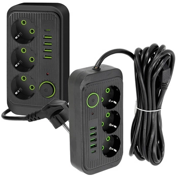 KOBI LINEA PRO Verlängerungskabel 3x230V 5m Masse, Schalter und 5xUSB Schwarz