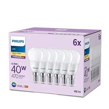 Set mit 6x LED-Kugelbirnen E14 P45 4,9W = 40W 470lm 2700K Warm PHILIPS