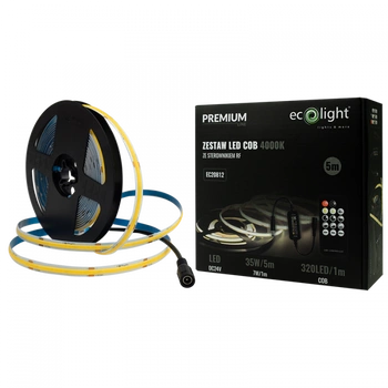 LED-Streifen COB 7W/m 630lm/m 320LED/m 24V 4000K Neutral IP20 Reel 5m + Netzteil + Fernbedienung Ecolight