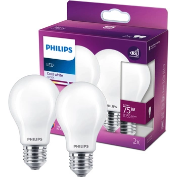 Set mit 2x LED-Glühbirne E27 A60 8,5W = 75W 1055lm 4000K Neutralfaden milchig PHILIPS