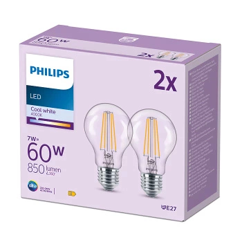 LED Lampen Set 2x E27 A60 7W = 60W 850lm 4000K Neutral Glühfaden PHILIPS