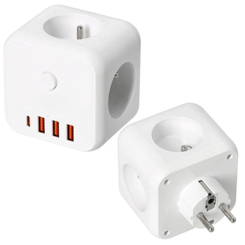 KOBI LINEA PRO CUBE 3x230V Splitter mit Masse und Schalter + 4xUSB Weiß