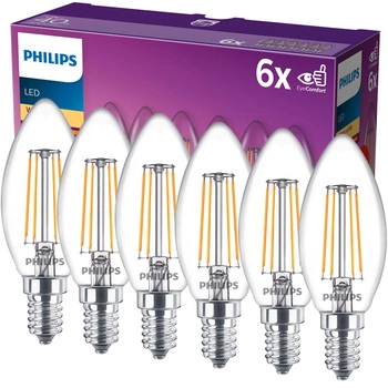 Set mit 6 LED-Kerzenlampen E14 B35 4,3 W = 40 W, 470 lm, 2700 K, warmes Filament PHILIPS