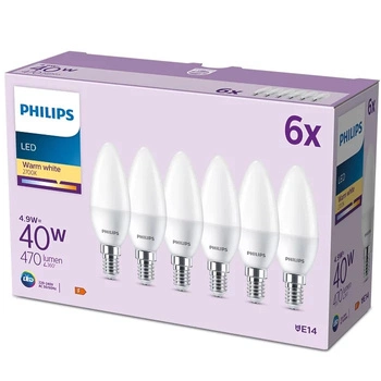 Set mit 6 LED-Kerzenlampen E14 B35 4,9 W = 40 W, 470 lm, 2700 K, warm matt, PHILIPS