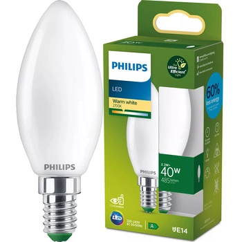 LED-Glühbirne E14 Kerze B35 2.3W = 40W 485lm 210lm/W 2700K Warm 300° CLASS A UltraEfficient Philips
