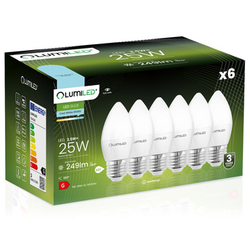 Satz von 6x LED-Glühbirne E27 B35 2.5W = 25W 249lm 6500K Kalt 180° LUMILED