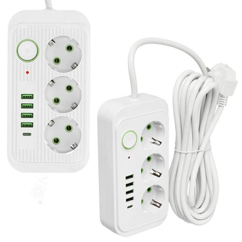 KOBI LINEA PRO Verlängerungskabel 3x230V 5m Masse, Schalter und 5xUSB Weiß