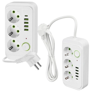 KOBI LINEA PRO Verlängerungskabel 3x230V 1,5m Masse, Schalter und 5xUSB Weiß