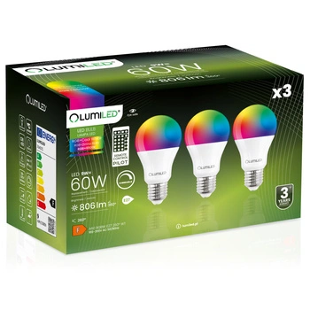 3x LED-Glühbirne E27 A60 9W = 60W 806lm 6500K + RGB Multicolour 260° Dimmbar Pilot LUMILED