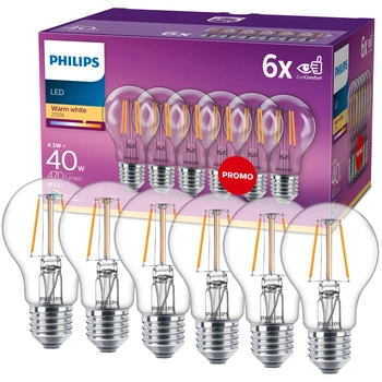 Set mit 6 LED-Lampen E27 A60 4,3 W = 40 W, 470 lm, 2700 K, warmes Filament PHILIPS