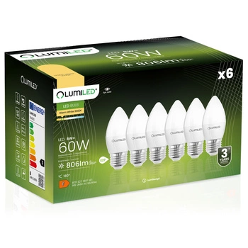 6x LED Lampen E27, Glühbirne B35, 8W = 60W, 806lm, 180°, 3000K, warm LUMILED