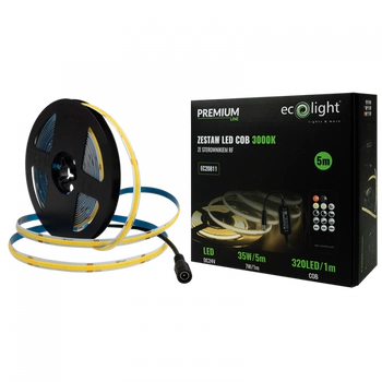 LED-Streifen COB 7W/m 630lm/m 320LED/m 24V 3000K Warm IP20 Rolle 5m + Netzteil + Fernbedienung Ecolight