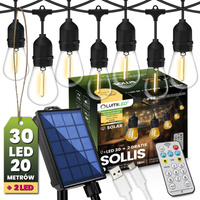 Solar Garten Girlande 30x LED Dekorative Glühbirnen 20m + PILOT IP65 2700K Warm SOLLIS LUMILED
