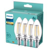 4x LED-Lampe E14 Kerze B35 4.3W = 40W 470lm 2700K Warm 300° FILAMENT Essential Philips