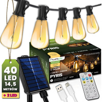 Solar Garten Girlande 40x LED Dekobirnen 14,5m 2700K Warm + PYRIS LUMILED Fernbedienung