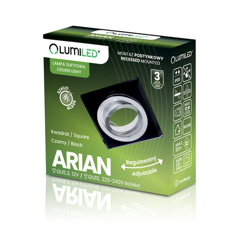 Glas-Einbaustrahler GU10, MR16 Einbauspot HALOGEN Quadrat beweglich Schwarz ARIAN LUMILED