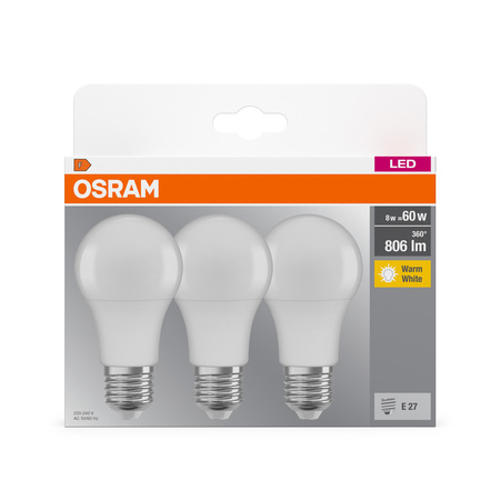3x LED-Lampe A60 E27 8W = 60W 806lm 2700K Warm 150° BASE Osram