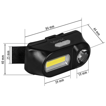 Wiederaufladbare Kopftaschenlampe 250lm XPE + COB LED 7 Modi VAYOX