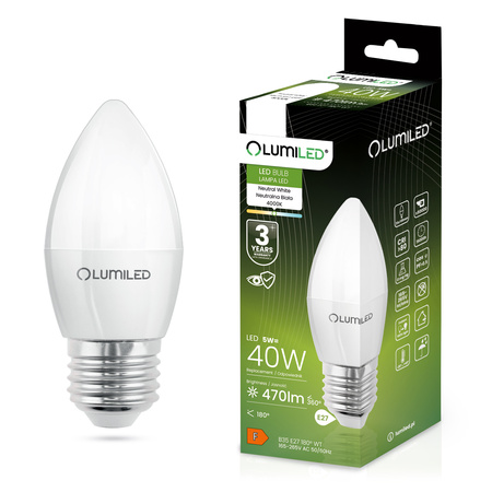 LED Lampen E27, Glühbirne B35 5W = 40W 470lm 180° 4000K neutral LUMILED