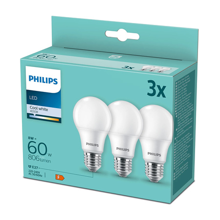 3x LED Lampen E27 A60 8W = 60W 806lm 4000K Neutral PHILIPS