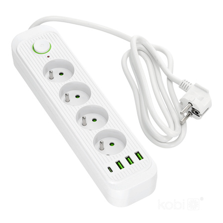 Verlängerungskabel CONNECTO 4x230V 1,5m 4GN Fehlerstromschutzschalter 4xUSB Weiß Kobi
