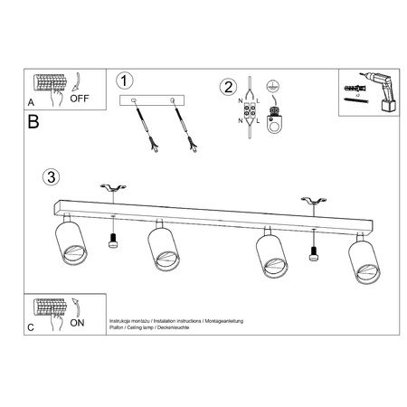 BERG Deckenleuchte 4xGU10 Reflektor Halogen Leuchte Beweglich 80cm Naturholz SOLLUX
