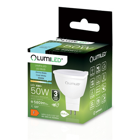 LED Lampen GU5.3, Glühbirne MR16 230V 6W = 50W 580lm 120° 6000K kalt LUMILED