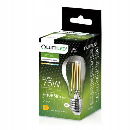 LED Lampen E27, Glühbirne A60 8W = 75W 1055lm 360° 4000K neutral Glühfaden LUMILED