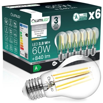 6x LED-Lampe E27 A60 3,8W 840lm = 60W 4000K neutralweiß 360° Filament Energieklasse A LUMILED